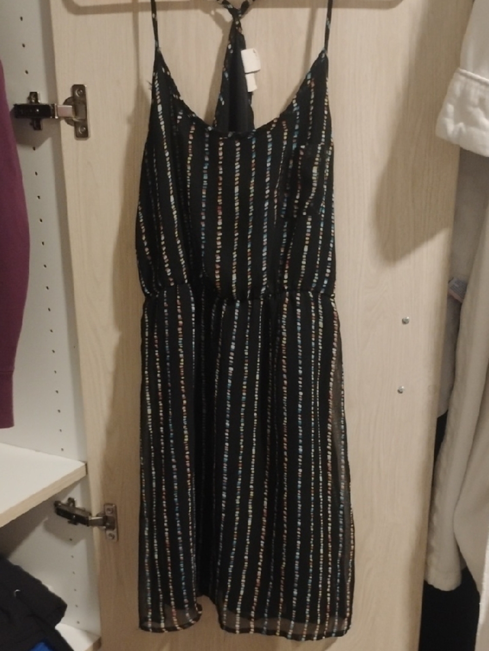 Roxy Black Mini Dress with Blue and Gold Stripe Accents